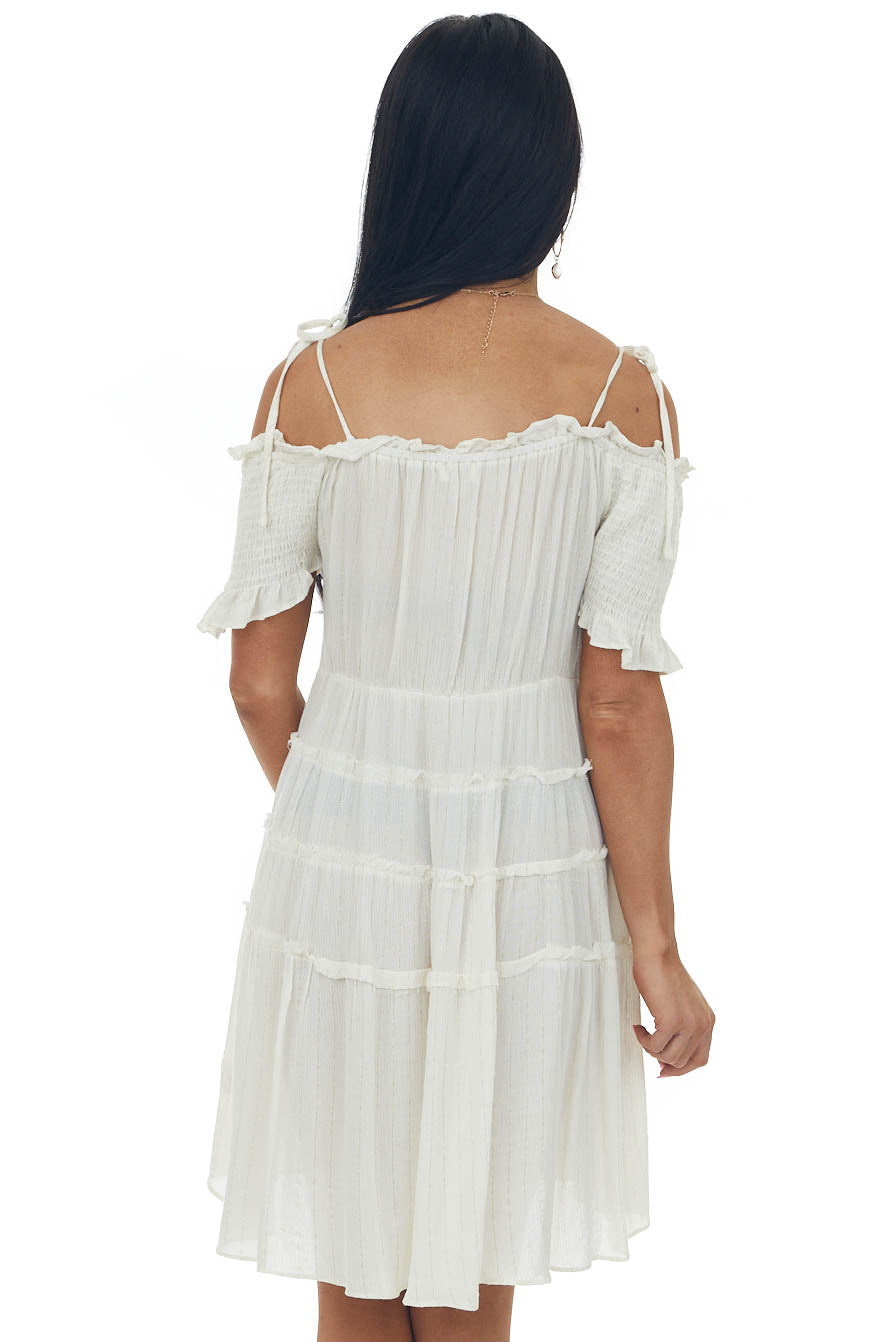 Cream Gold Threaded Cold Shoulder Tiered Dress