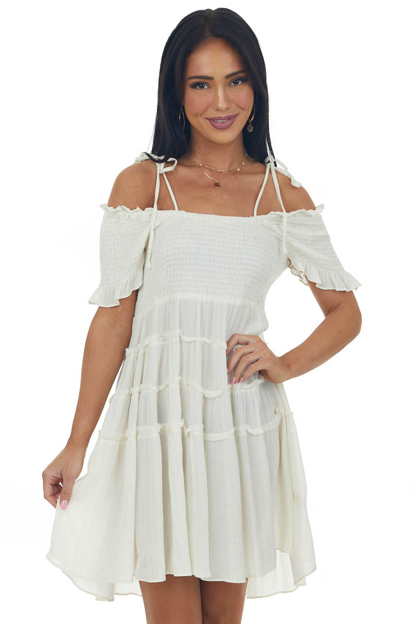 Cream Gold Threaded Cold Shoulder Tiered Dress