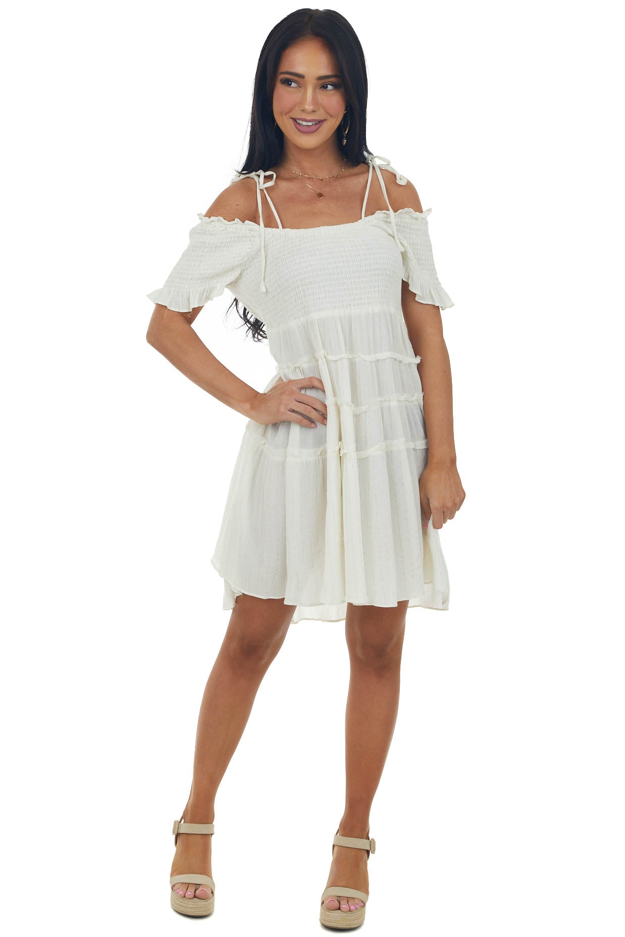 Cream Gold Threaded Cold Shoulder Tiered Dress