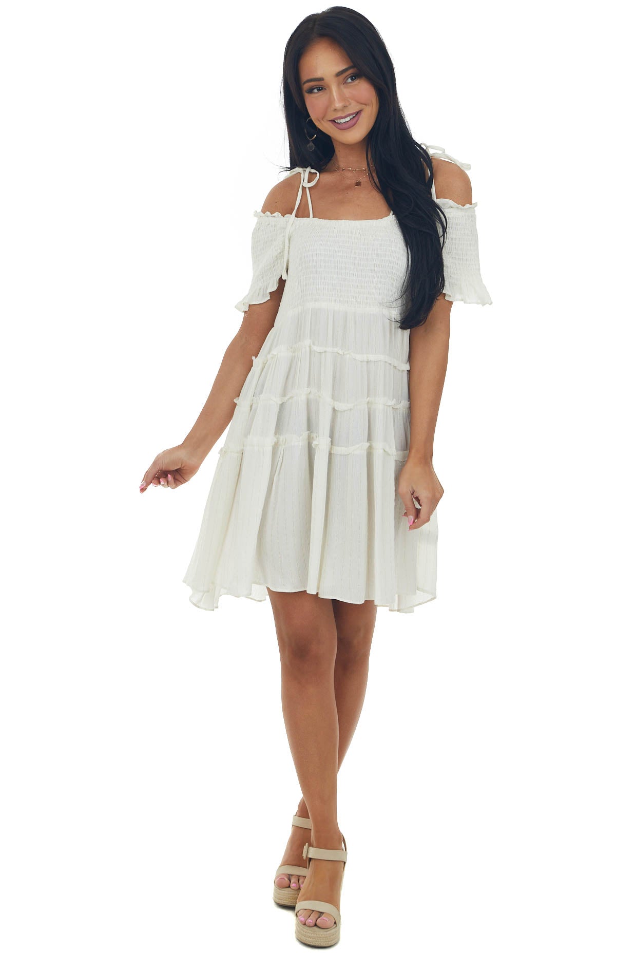 Cream Gold Threaded Cold Shoulder Tiered Dress