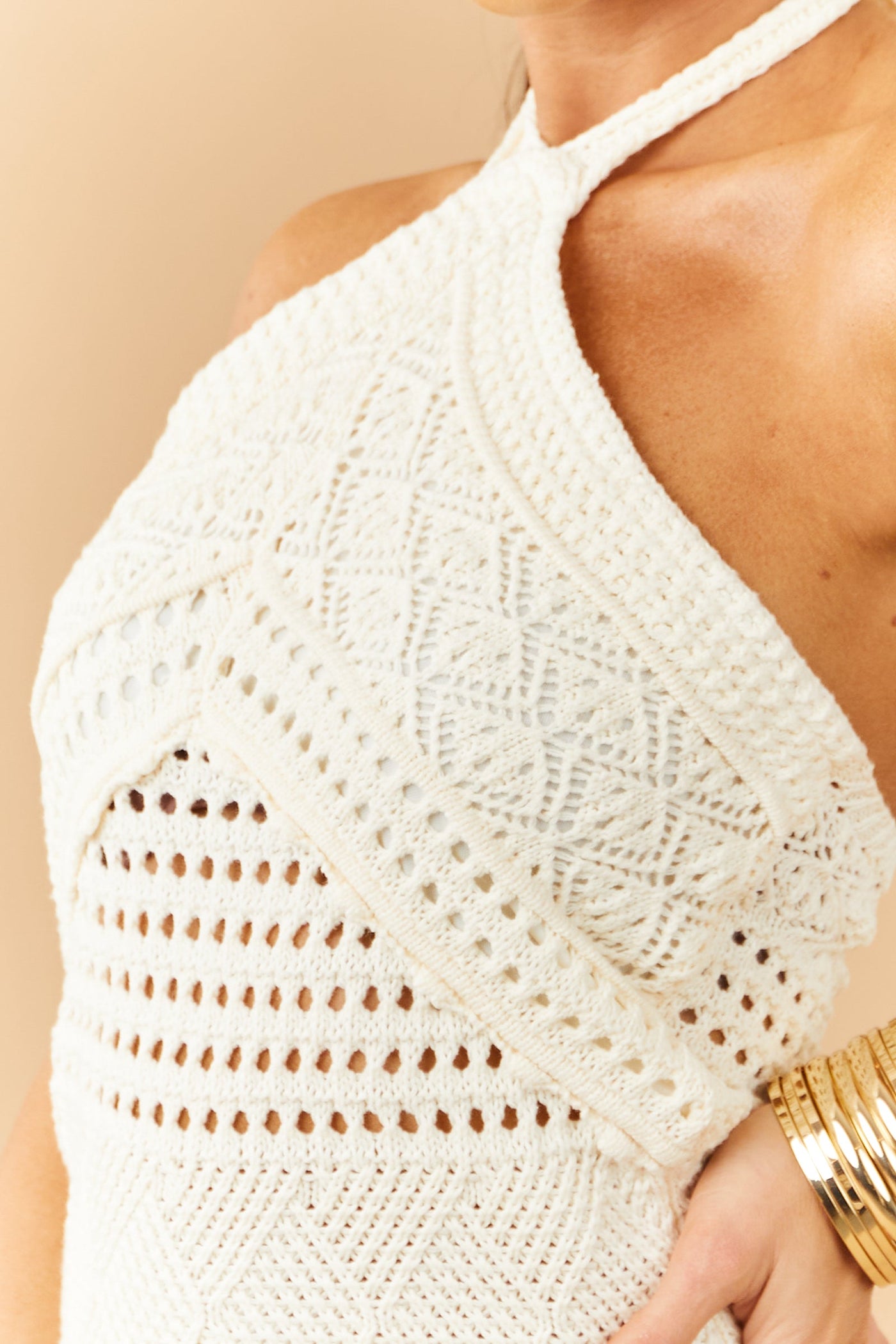 Cream Halter Neck Tie Crochet Tank Top