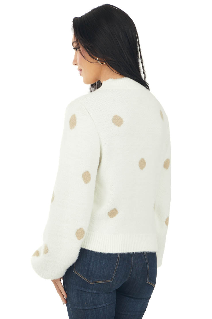Cream High Neck Sweater with Beige Polka Dots