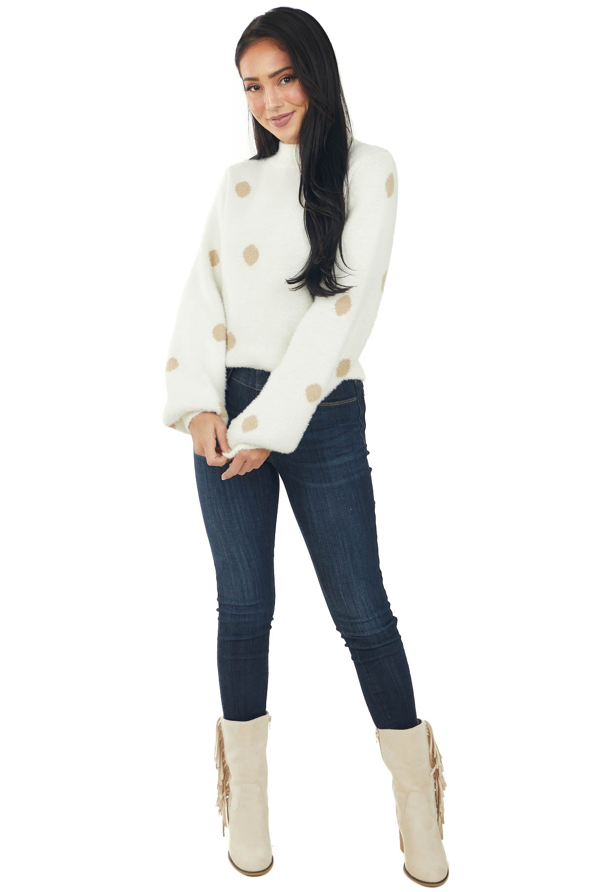 Cream High Neck Sweater with Beige Polka Dots