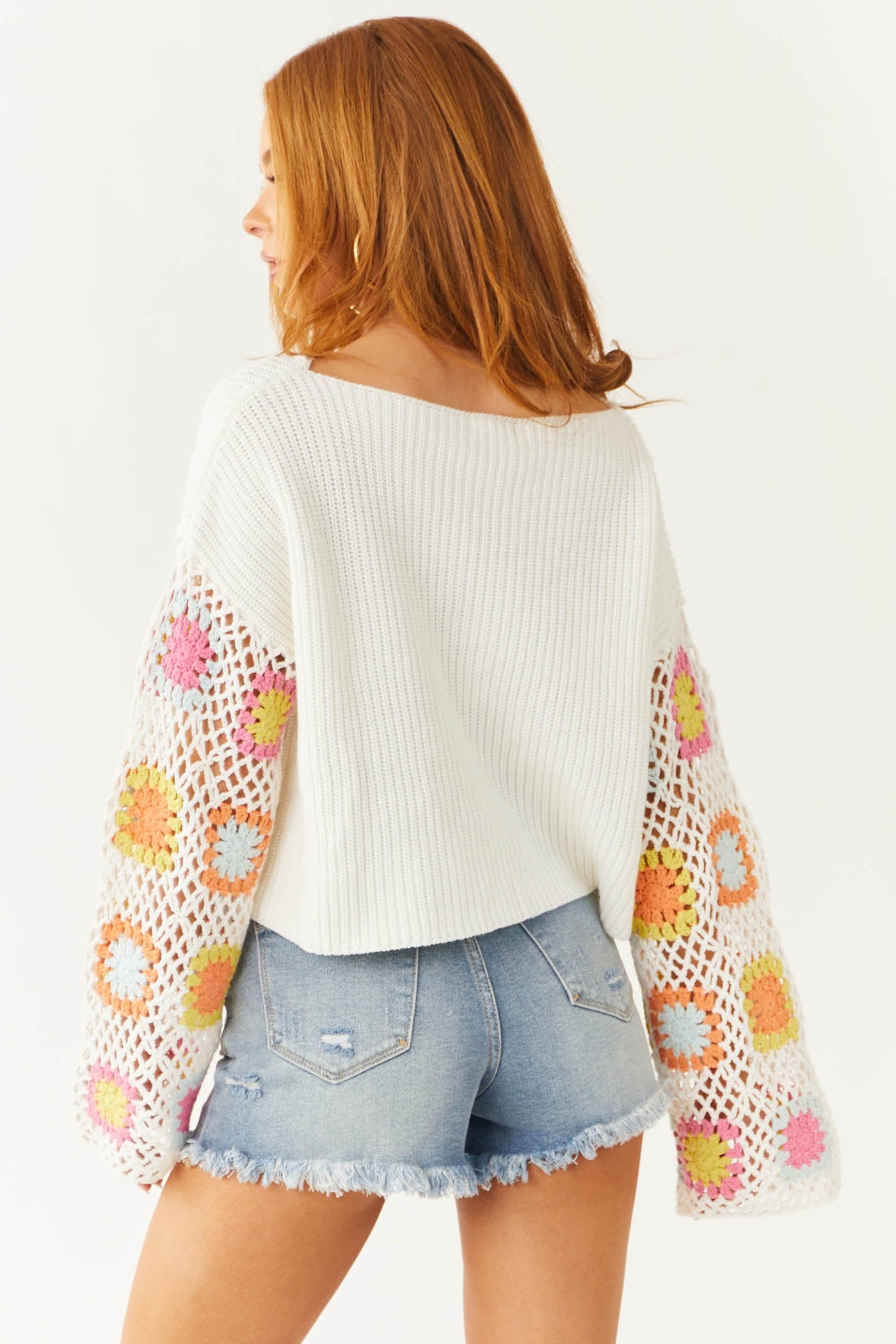 Cream Knit Sweater with Floral Crochet Sleeves