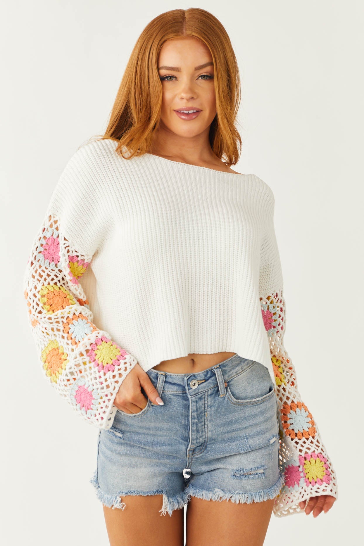Cream Knit Sweater with Floral Crochet Sleeves