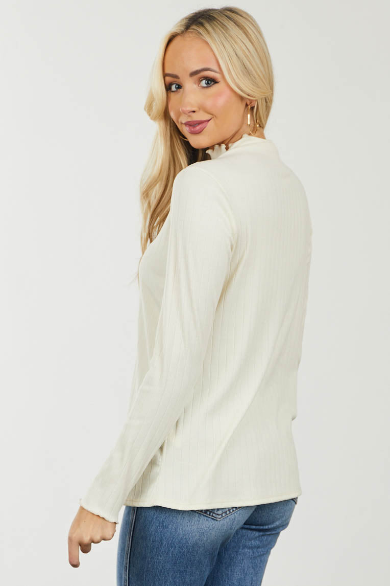 Cream Lettuce Trim Mock Neck Ribbed Knit Top