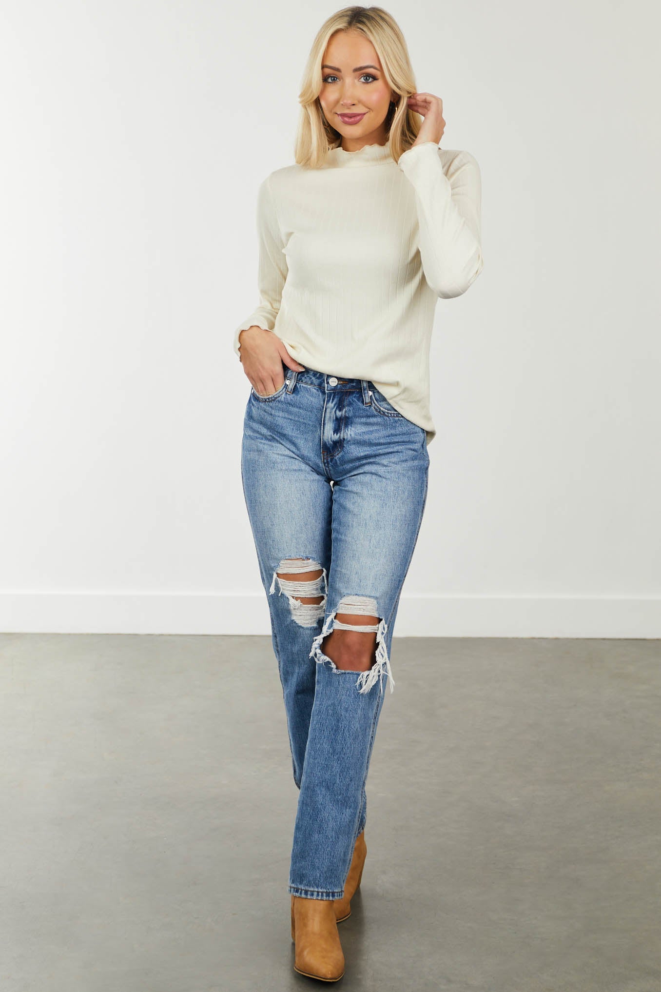 Cream Lettuce Trim Mock Neck Ribbed Knit Top