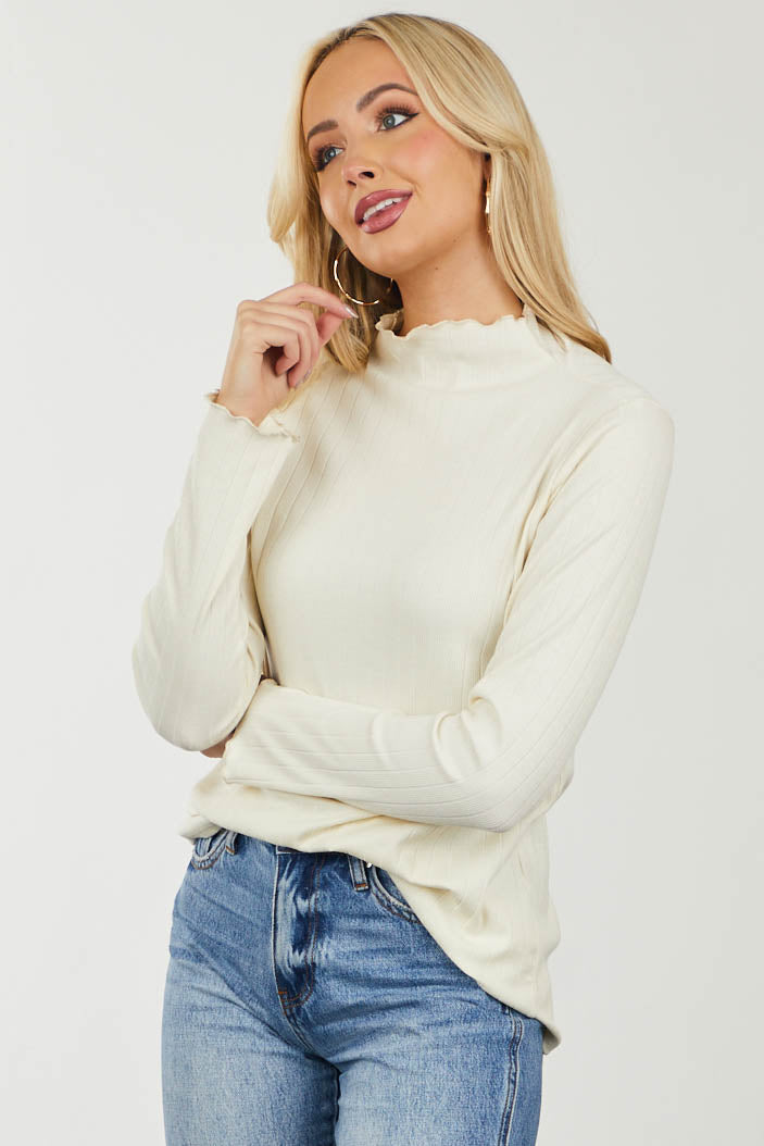 Cream Lettuce Trim Mock Neck Ribbed Knit Top