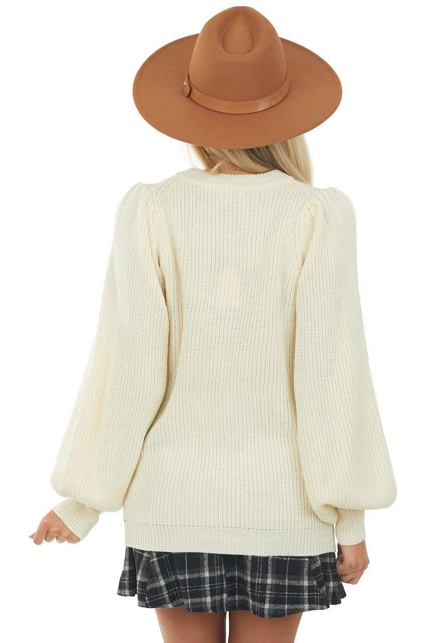 Cream Long Bubble Sleeve Knit Sweater