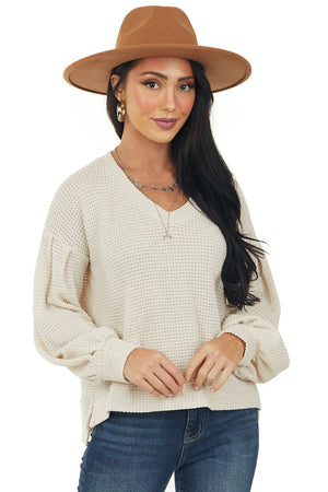 Cream Long Bubble Sleeve Thermal Knit Top