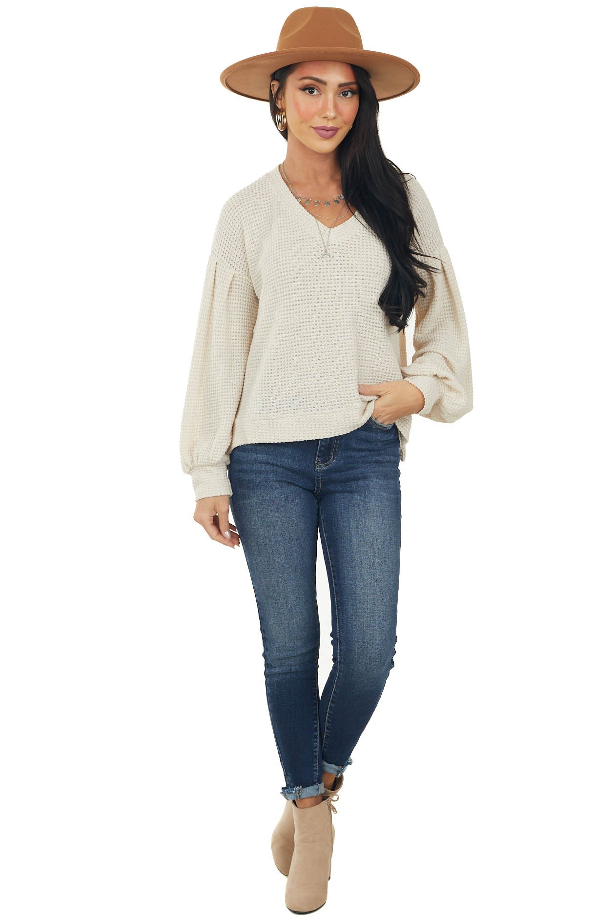 Cream Long Bubble Sleeve Thermal Knit Top