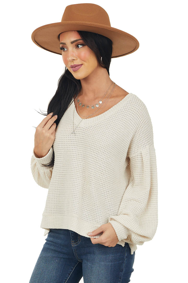 Cream Long Bubble Sleeve Thermal Knit Top