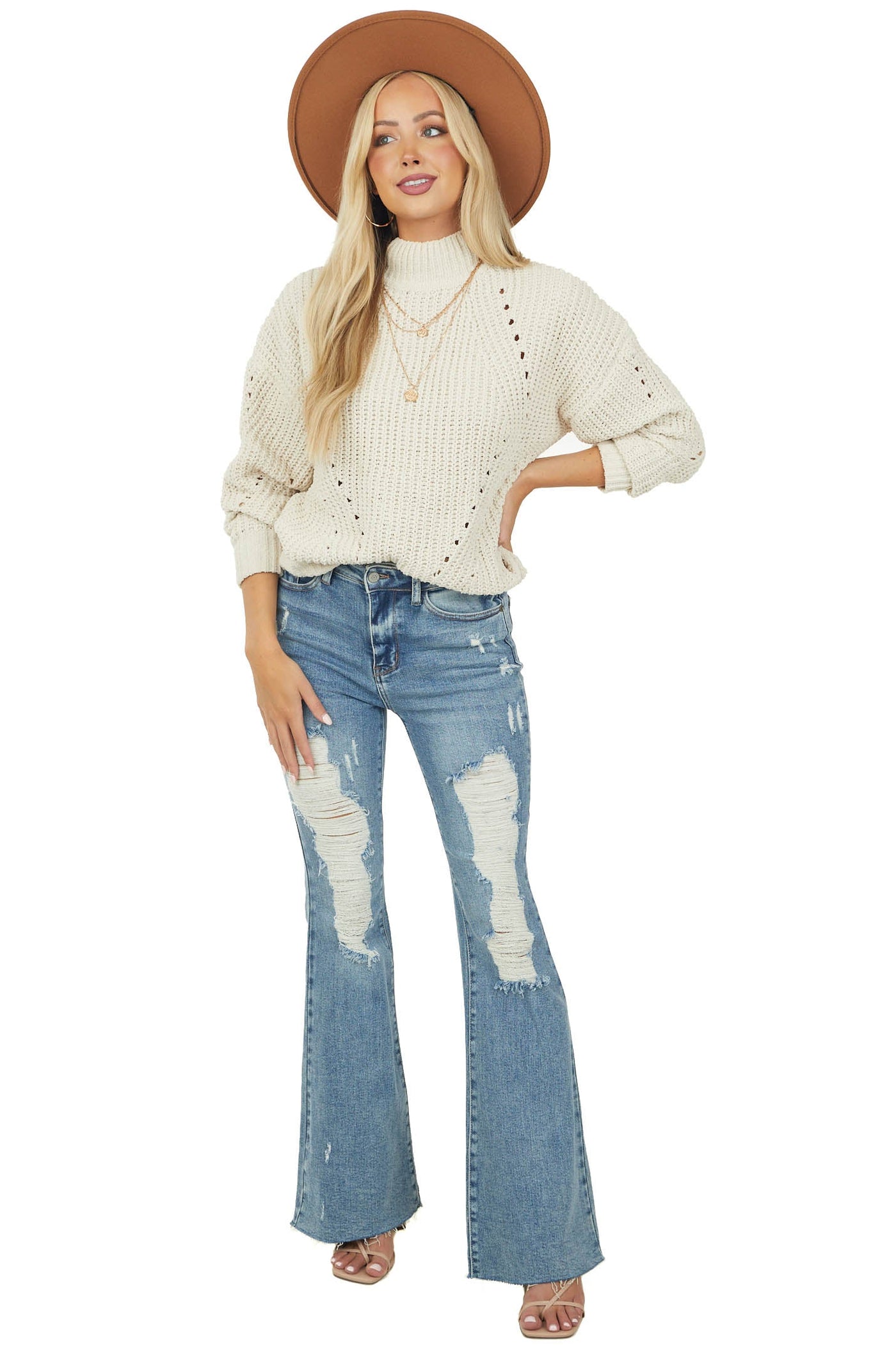 Cream Long Bubble Sleeve Thick Knit Sweater