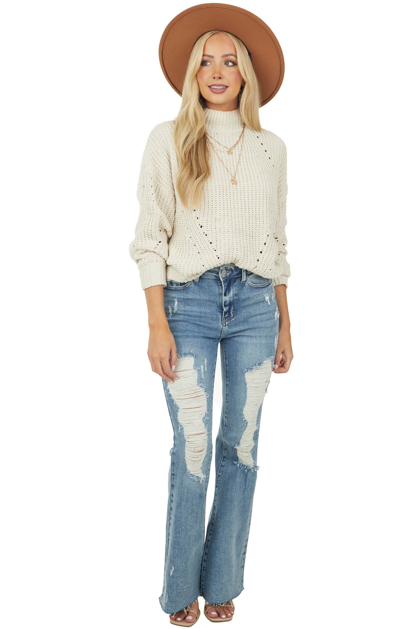 Cream Long Bubble Sleeve Thick Knit Sweater