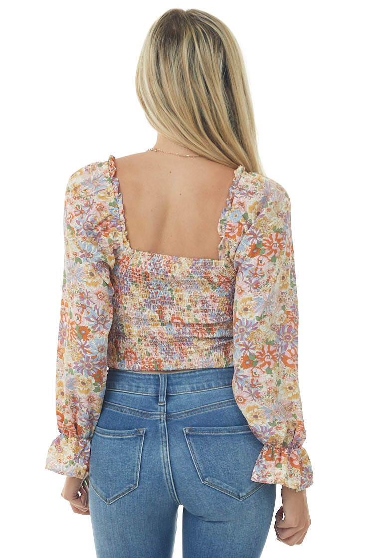 Cream Multicolor Floral Print Pleated Blouse