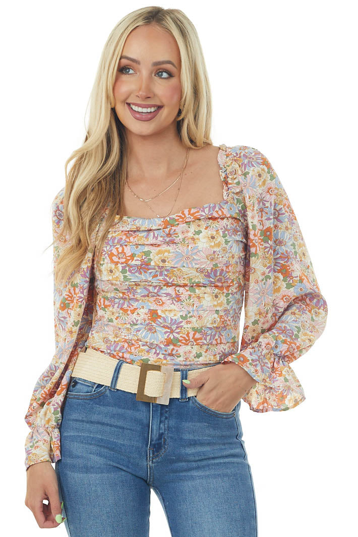 Cream Multicolor Floral Print Pleated Blouse