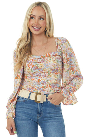 Cream Multicolor Floral Print Pleated Blouse