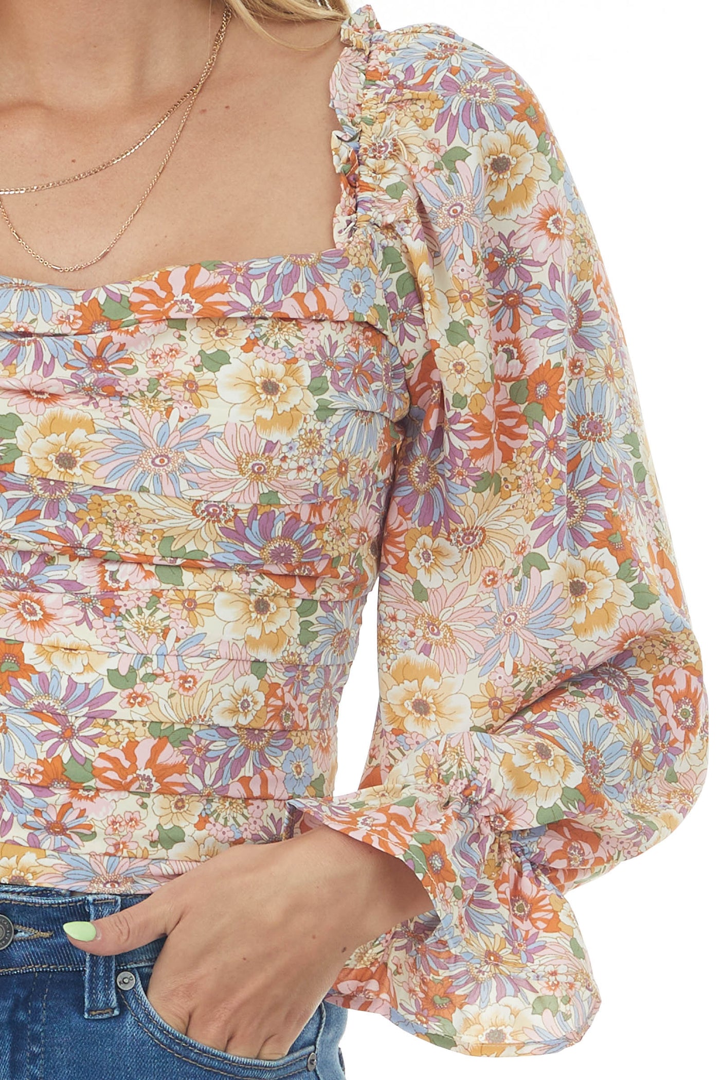 Cream Multicolor Floral Print Pleated Blouse