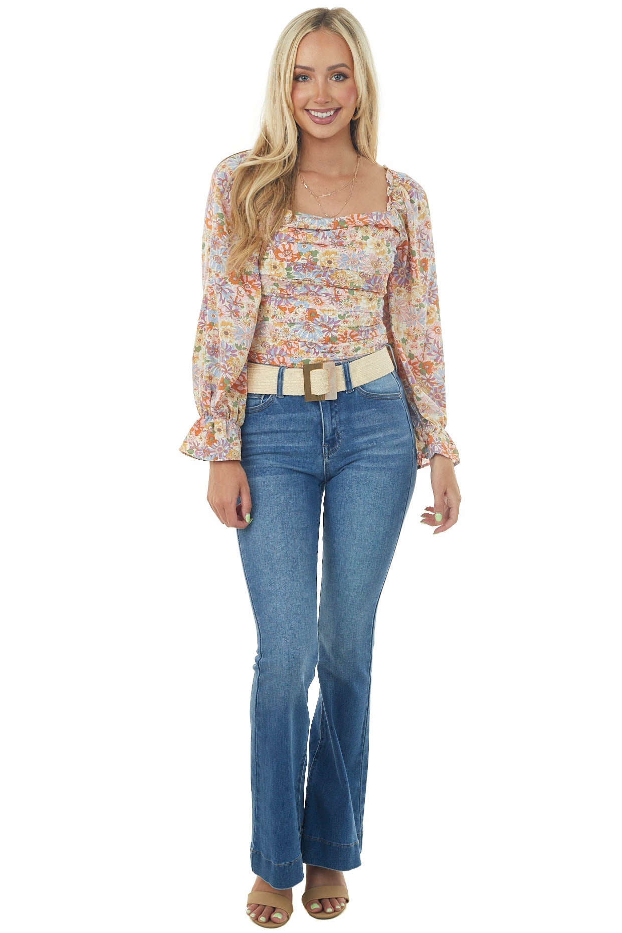 Cream Multicolor Floral Print Pleated Blouse