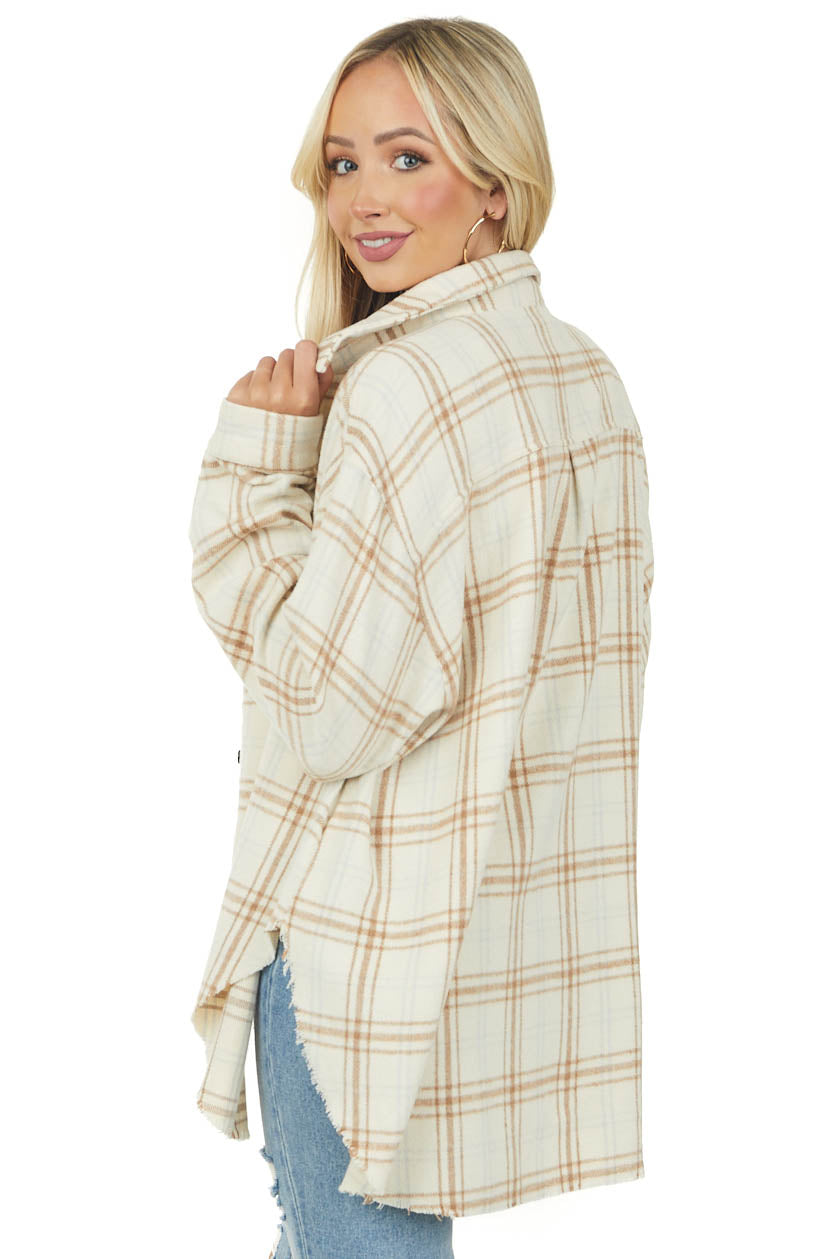 Cream Plaid Frayed Hem Light Fleece Shacket