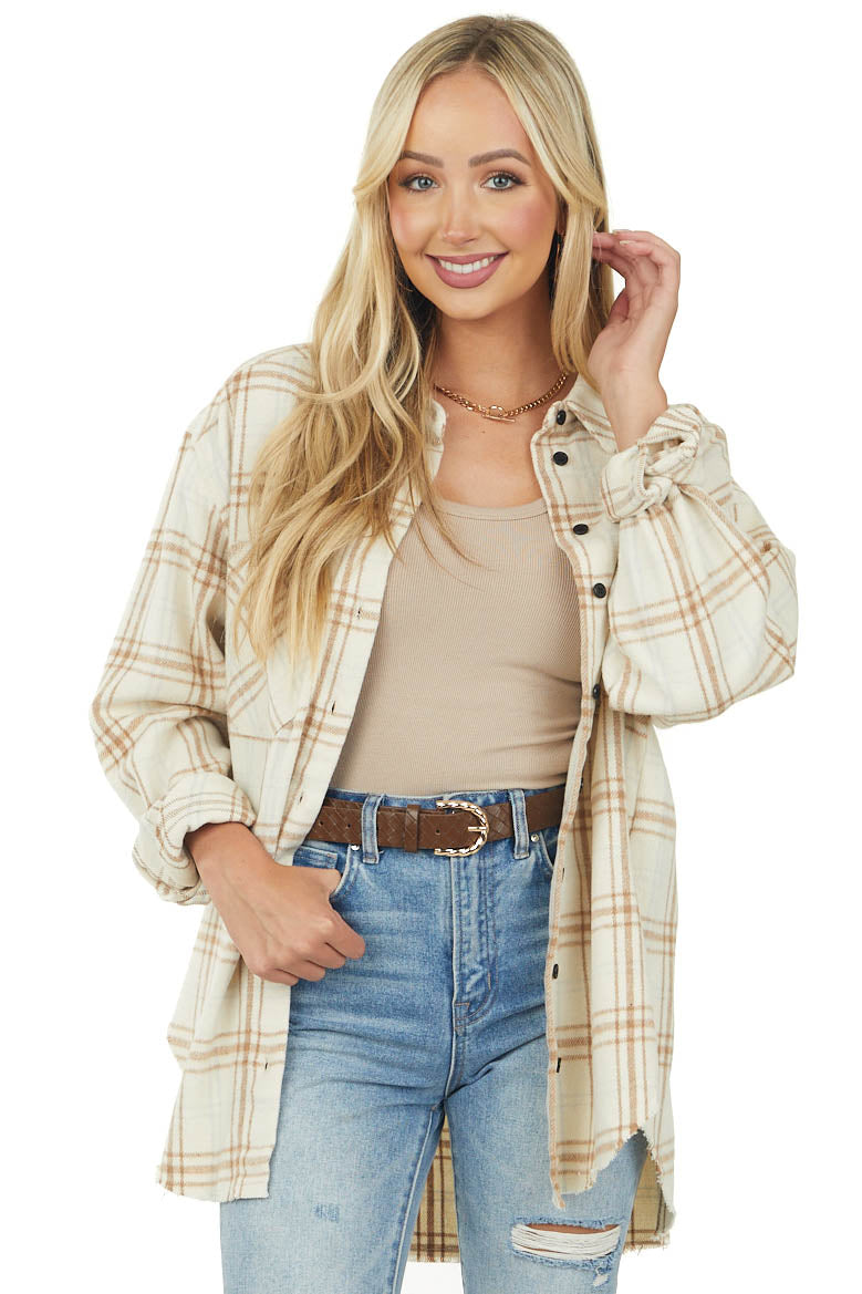 Cream Plaid Frayed Hem Light Fleece Shacket