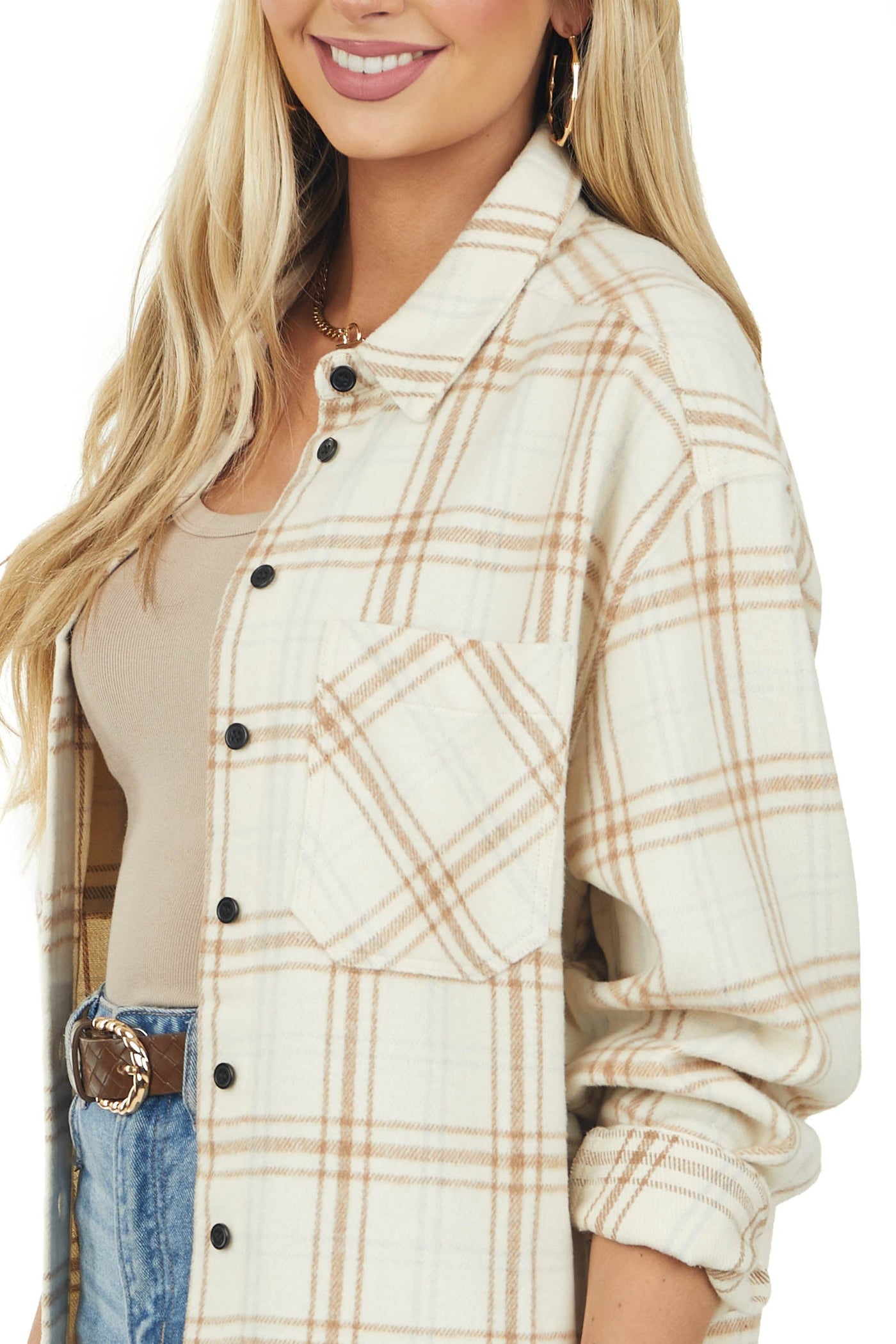 Cream Plaid Frayed Hem Light Fleece Shacket