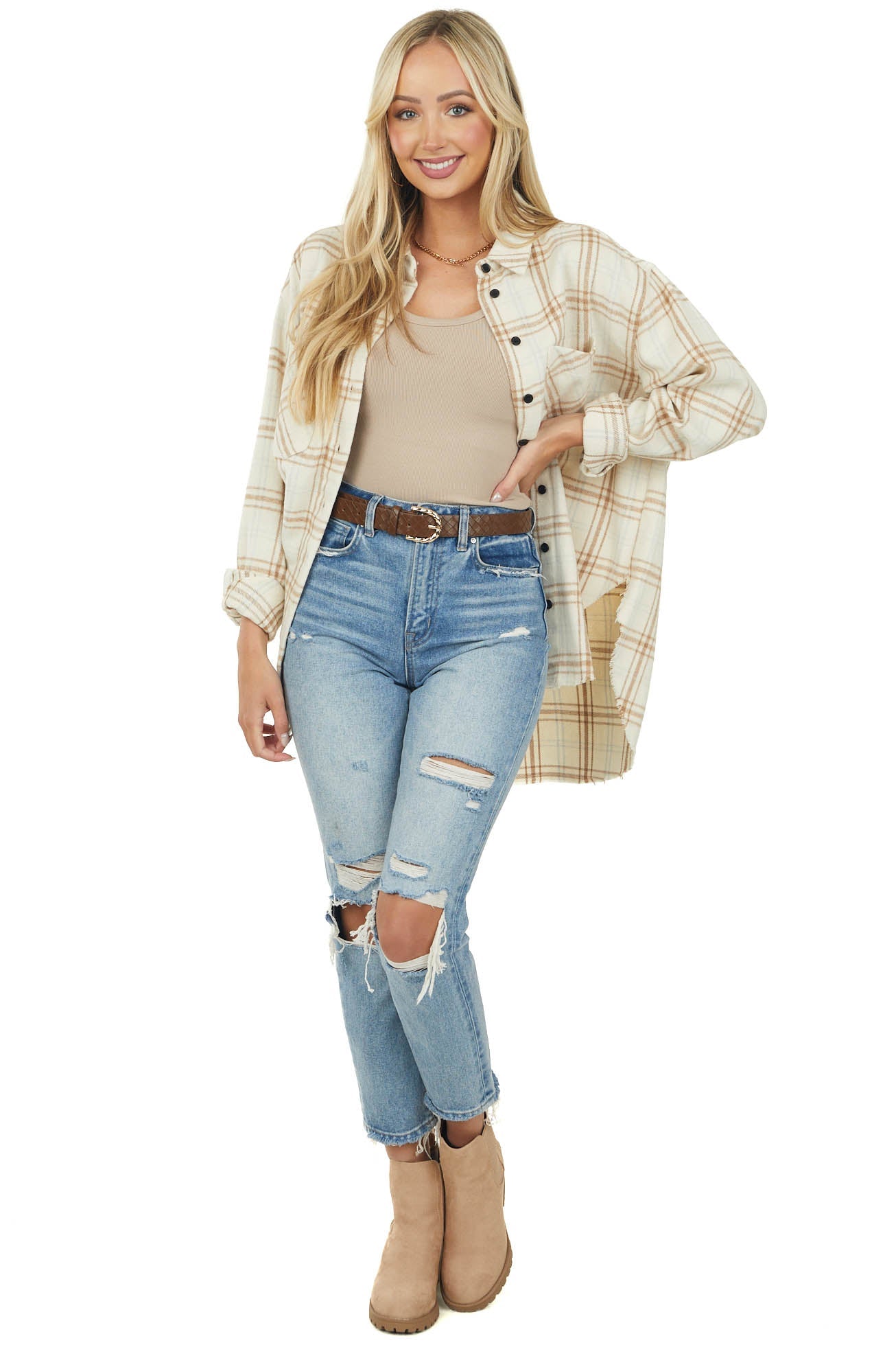 Cream Plaid Frayed Hem Light Fleece Shacket