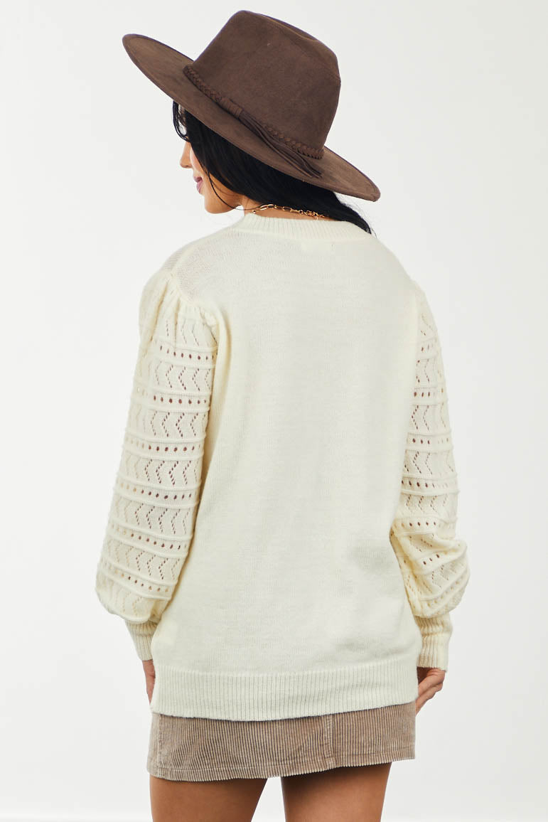 Cream Pointelle Bubble Sleeve Knit Sweater