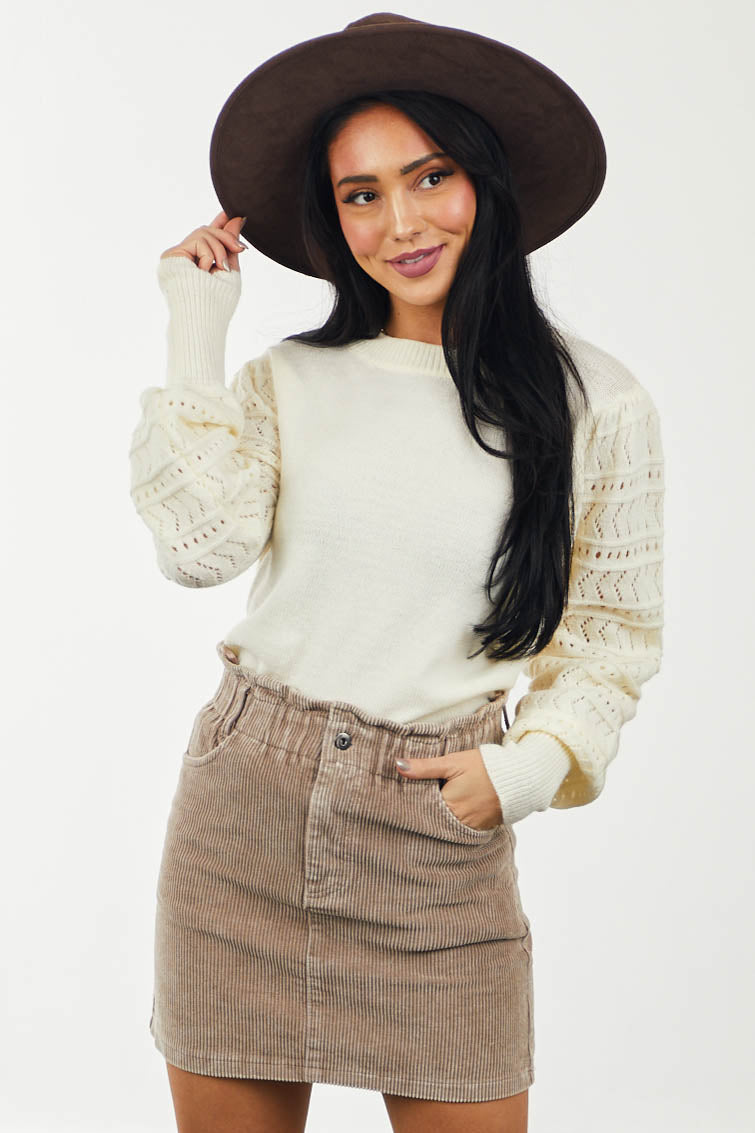Cream Pointelle Bubble Sleeve Knit Sweater