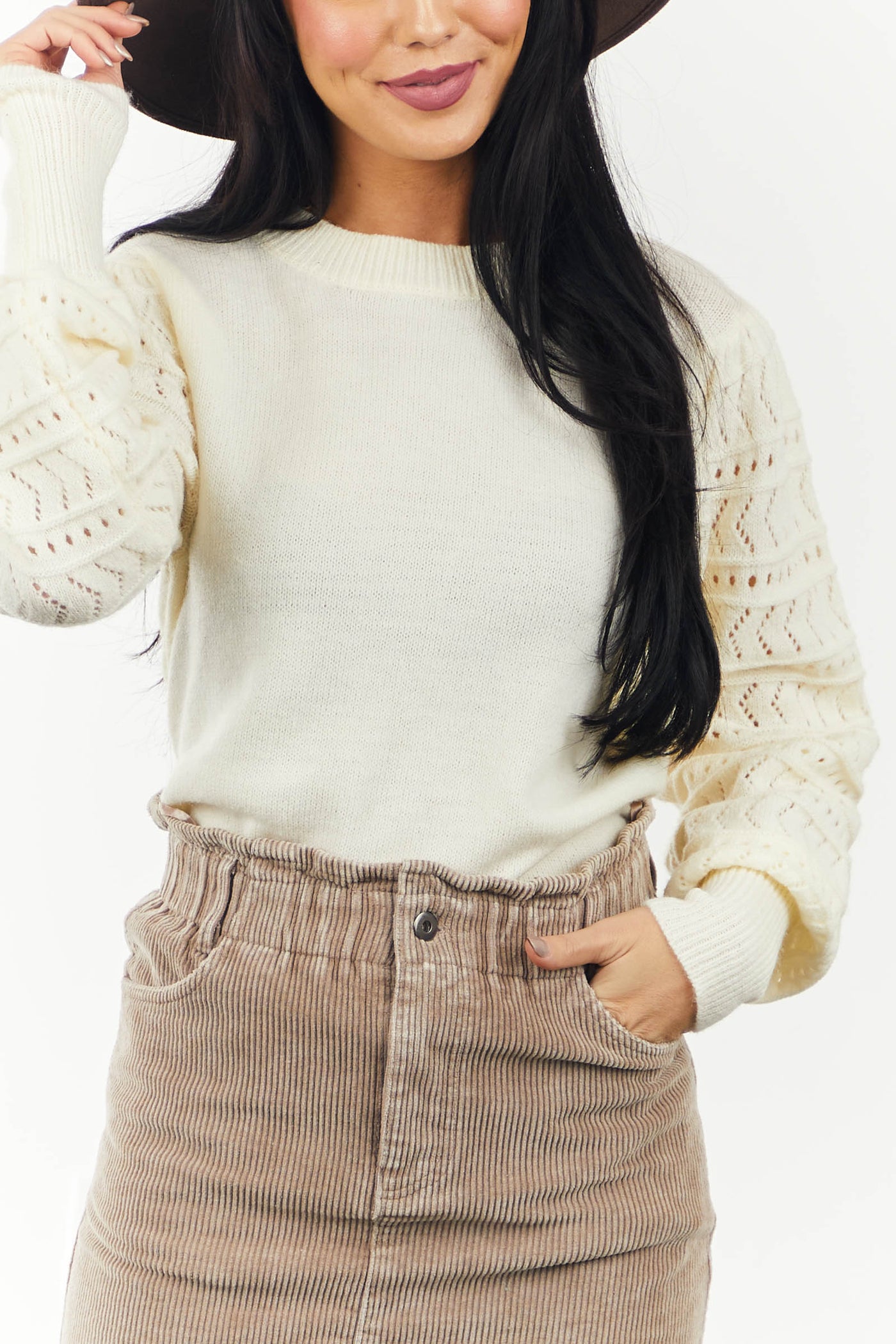 Cream Pointelle Bubble Sleeve Knit Sweater