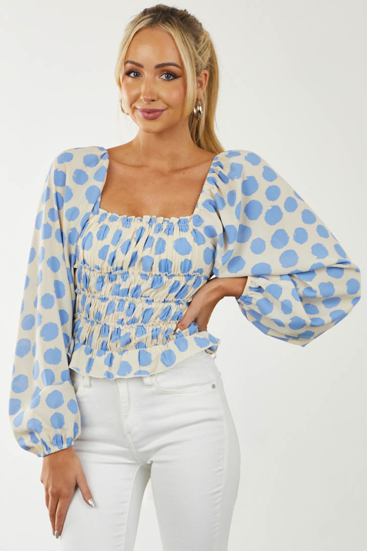 Cream Polka Dot Smocked Puff Sleeve Bodysuit