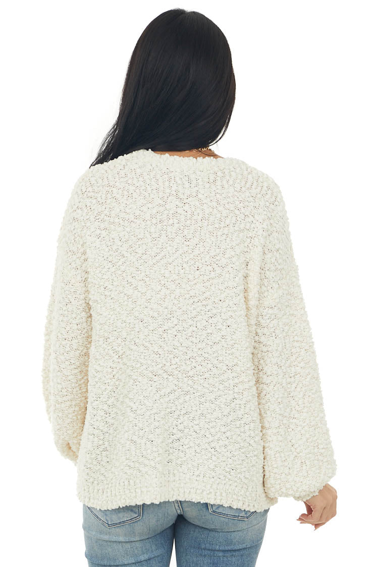 Cream Popcorn Knit Bishop Sleeve Sweater