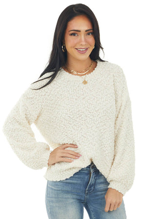 Cream Popcorn Knit Bishop Sleeve Sweater