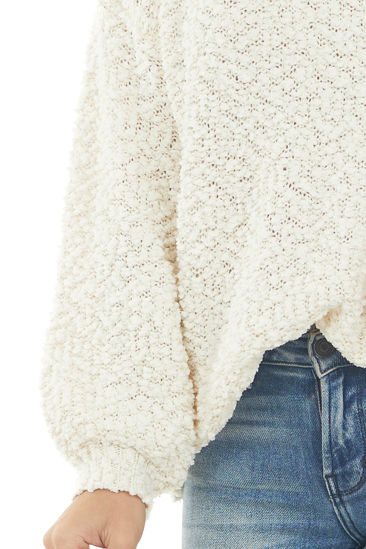 Cream Popcorn Knit Bishop Sleeve Sweater