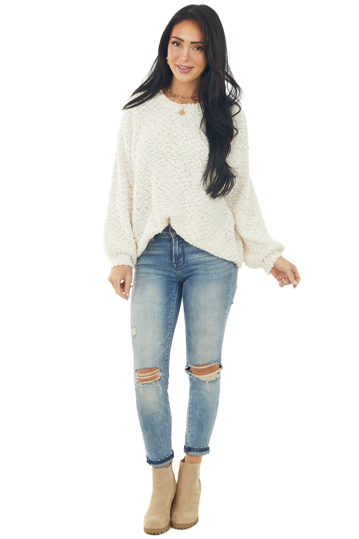 Cream Popcorn Knit Bishop Sleeve Sweater