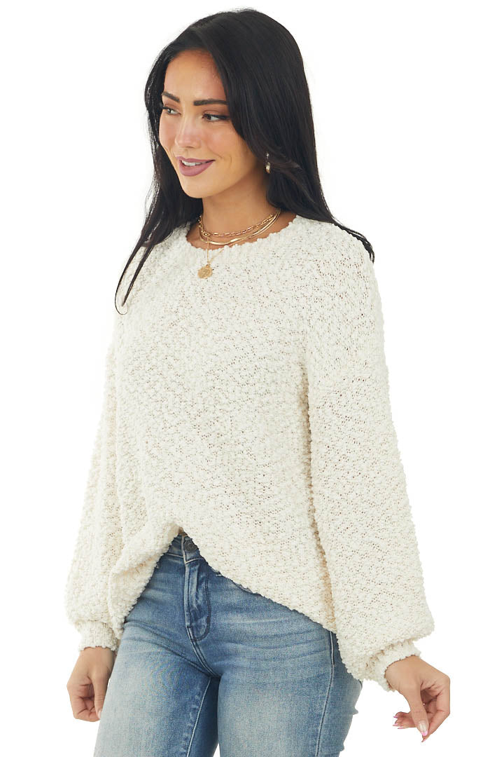 Cream Popcorn Knit Bishop Sleeve Sweater