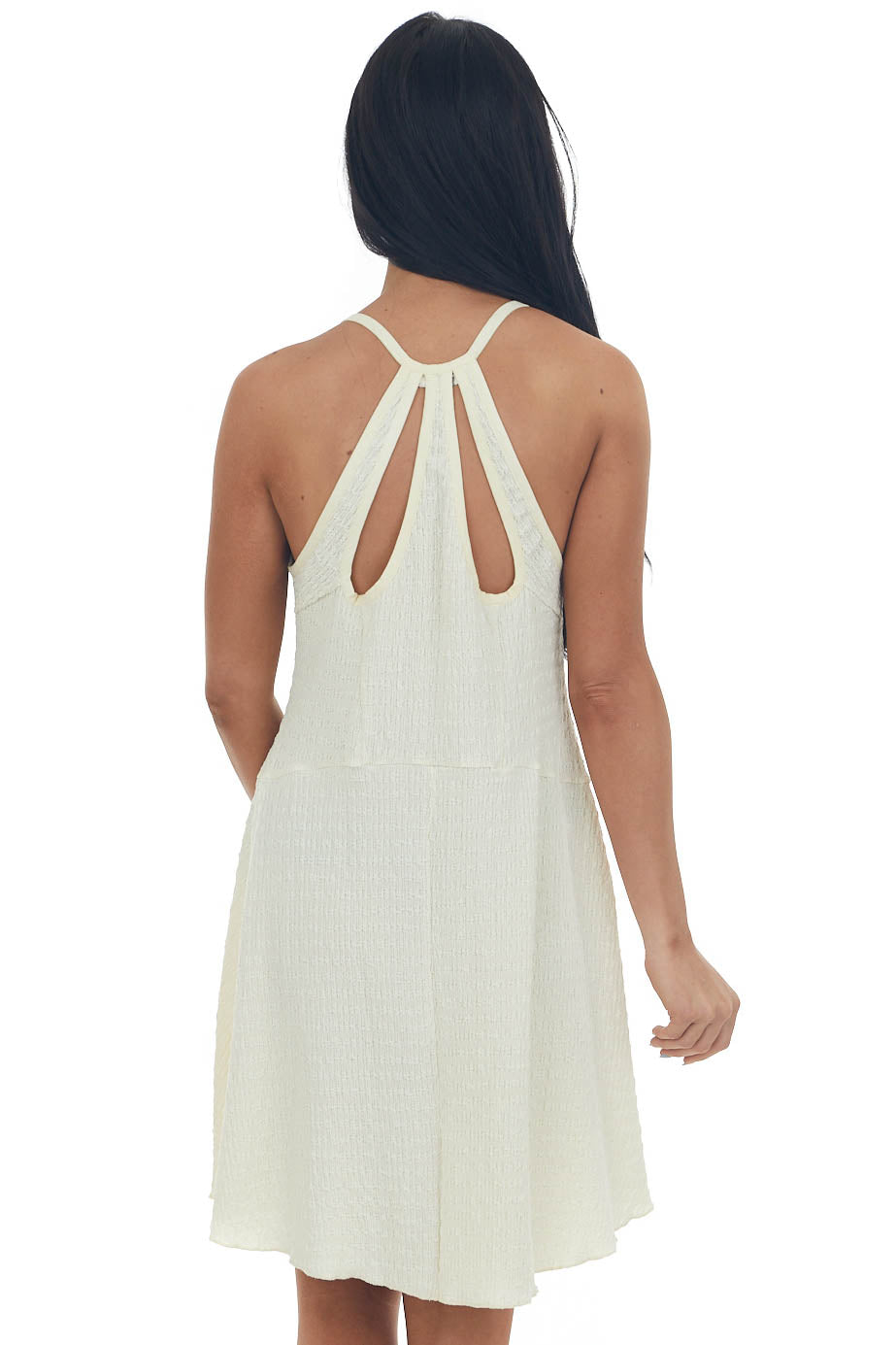 Cream Puckered Knit Lace Halter Neck Dress