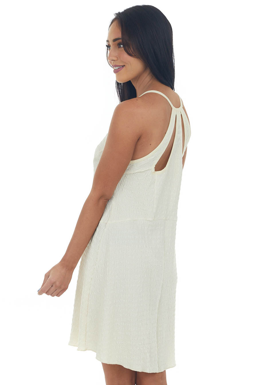 Cream Puckered Knit Lace Halter Neck Dress