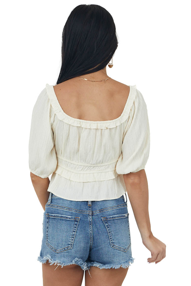 Cream Puff Sleeve Textured Smocked Blouse