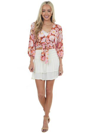 Cream Ruched Ruffle Overlay Woven Mini Skirt