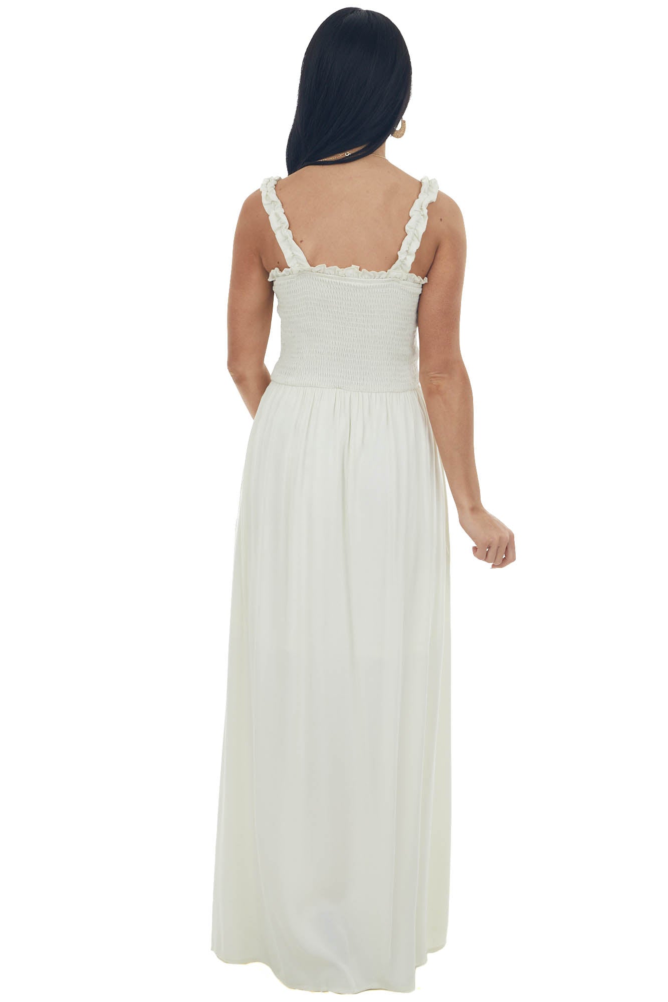 Cream Smocked Bodice Front Slit Maxi Dress