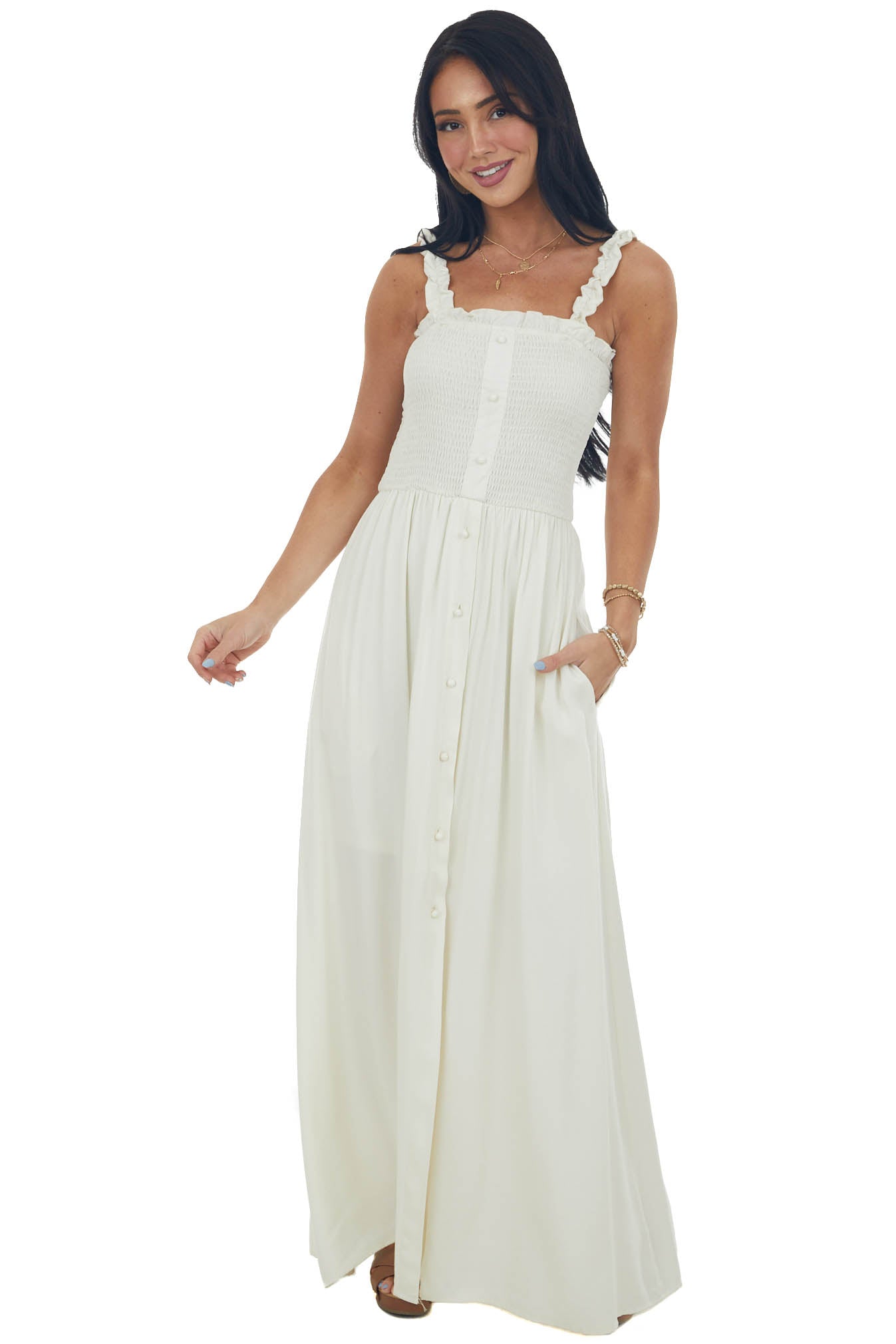 Cream Smocked Bodice Front Slit Maxi Dress