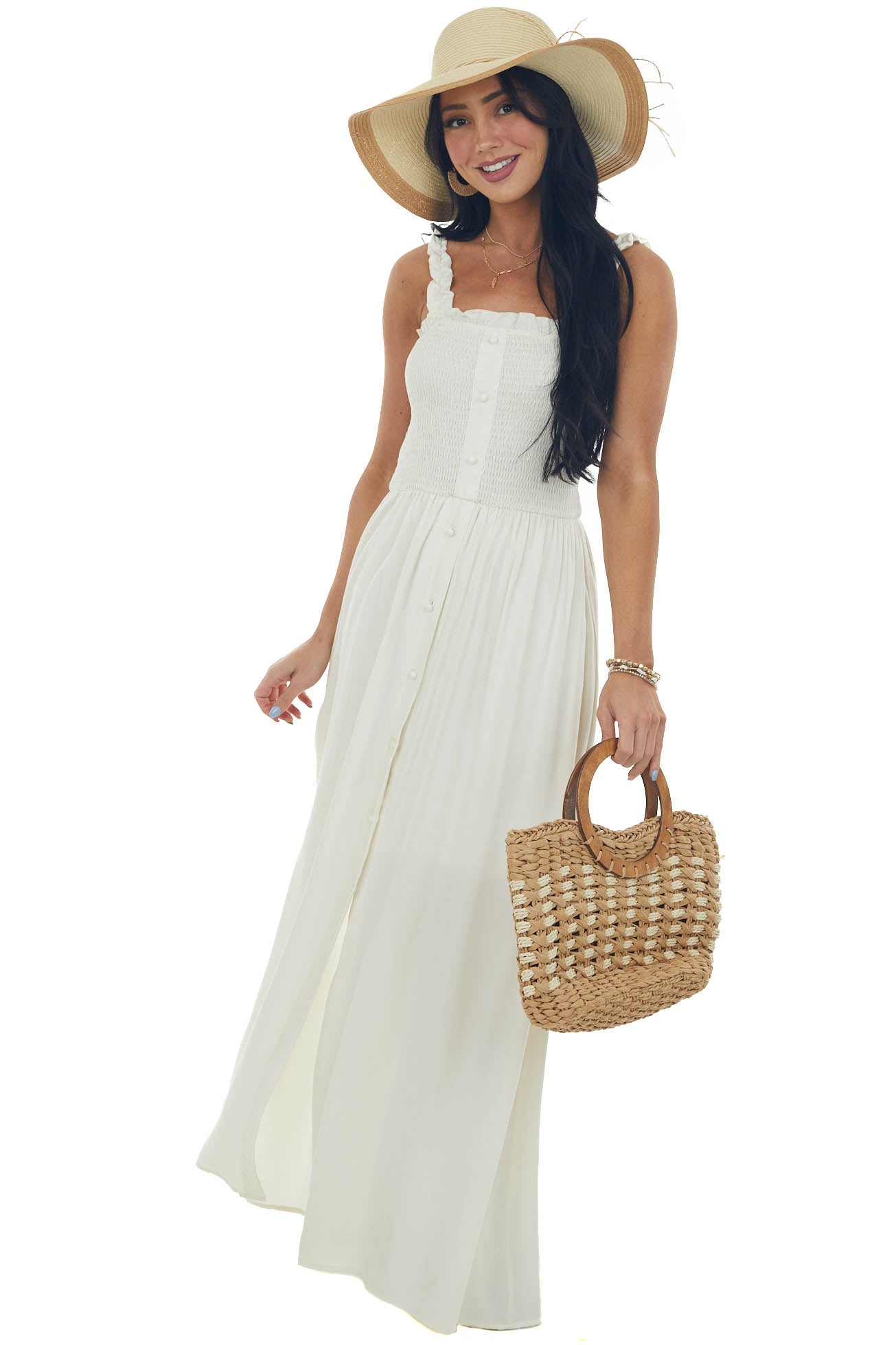 Cream Smocked Bodice Front Slit Maxi Dress