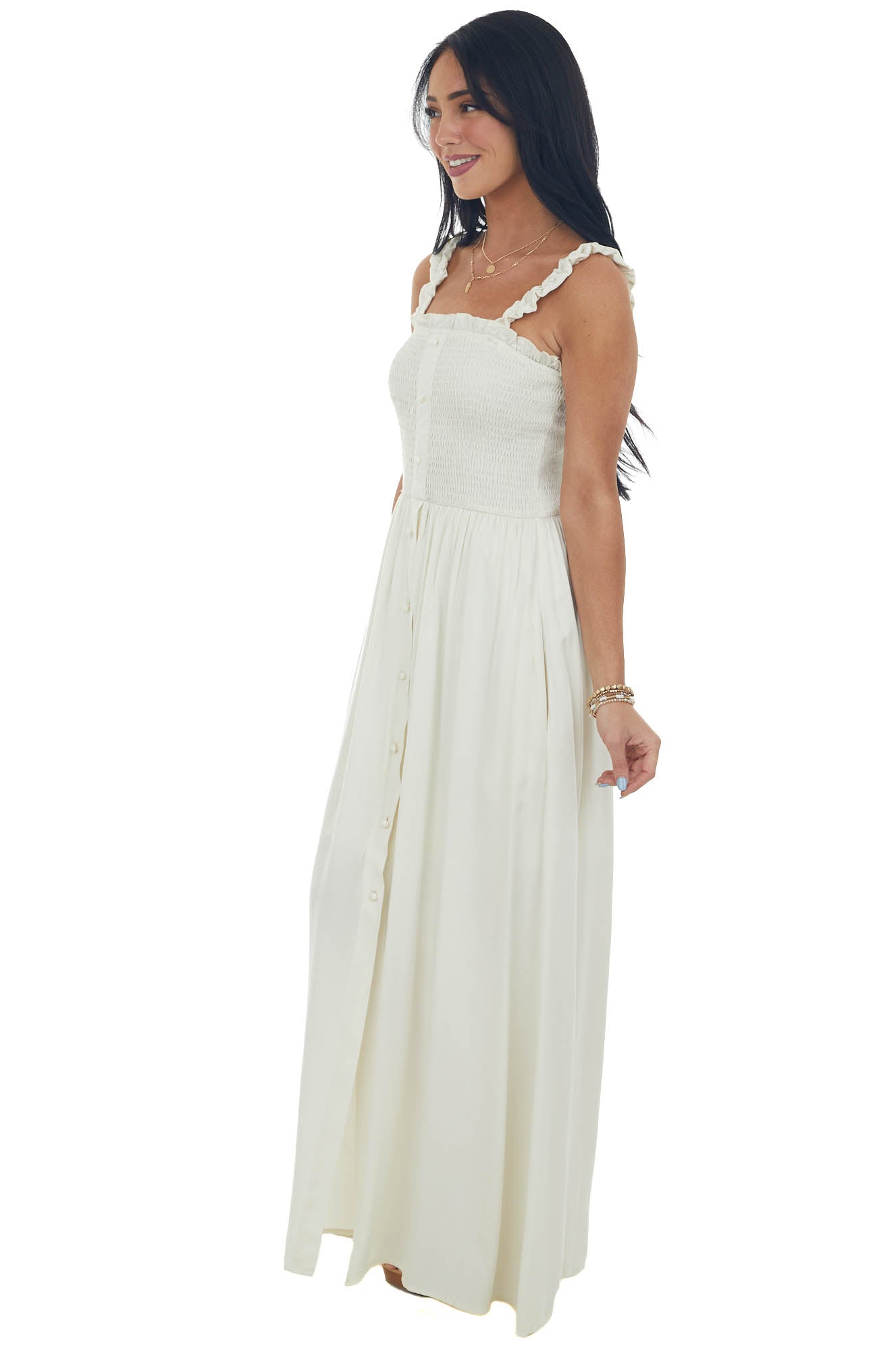 Cream Smocked Bodice Front Slit Maxi Dress