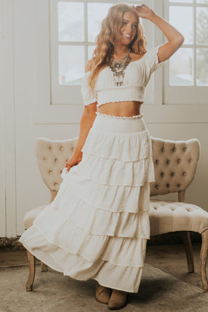 Cream Smocked Cropped Top and Ruffle Skirt Set