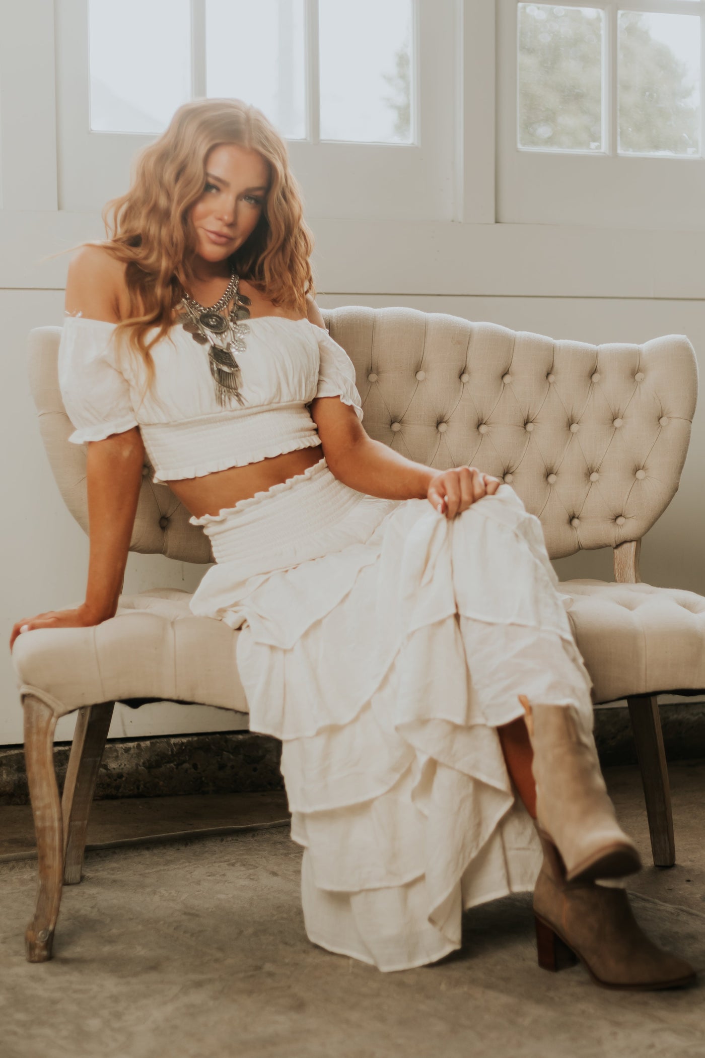 Cream Smocked Cropped Top and Ruffle Skirt Set