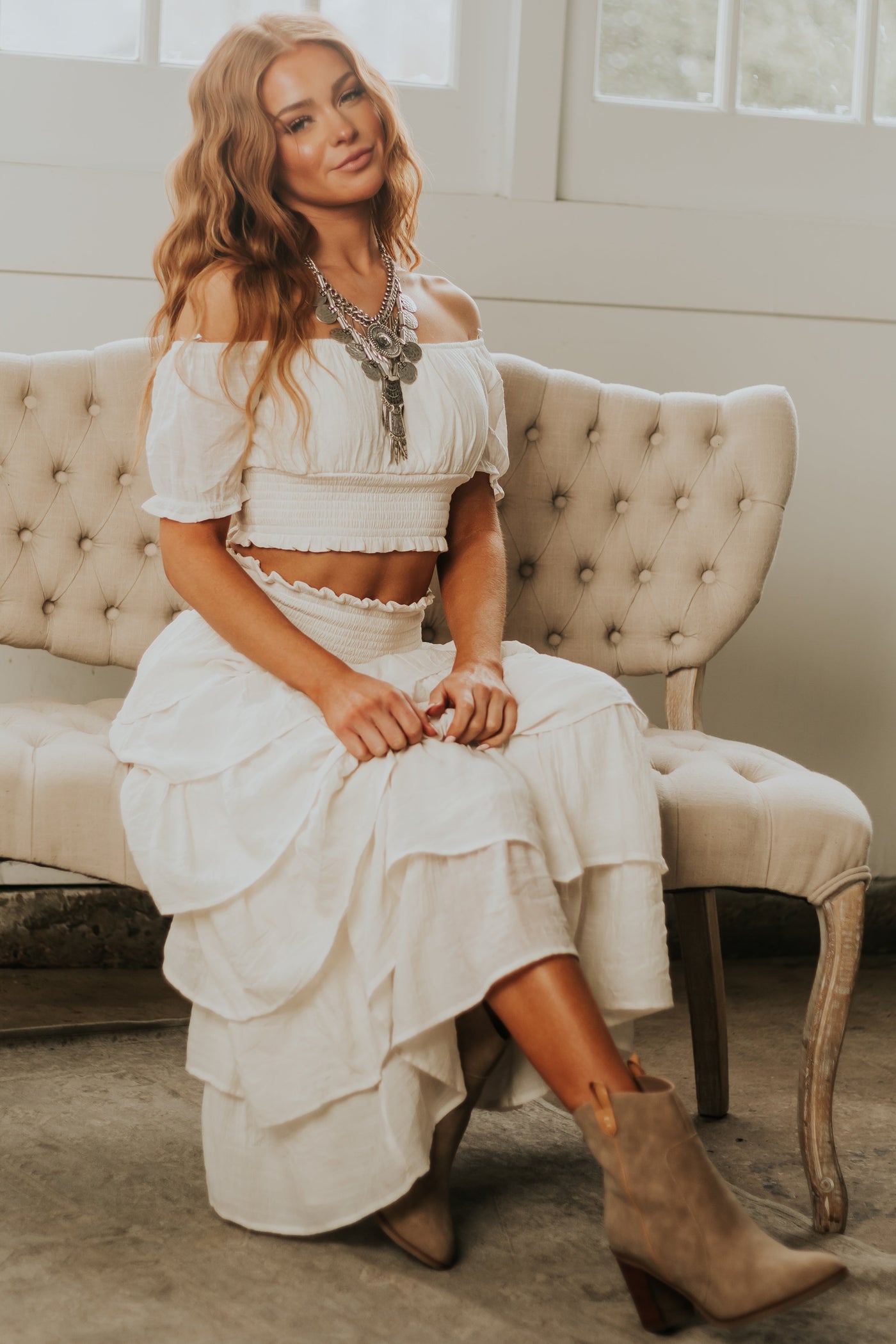 Cream Smocked Cropped Top and Ruffle Skirt Set