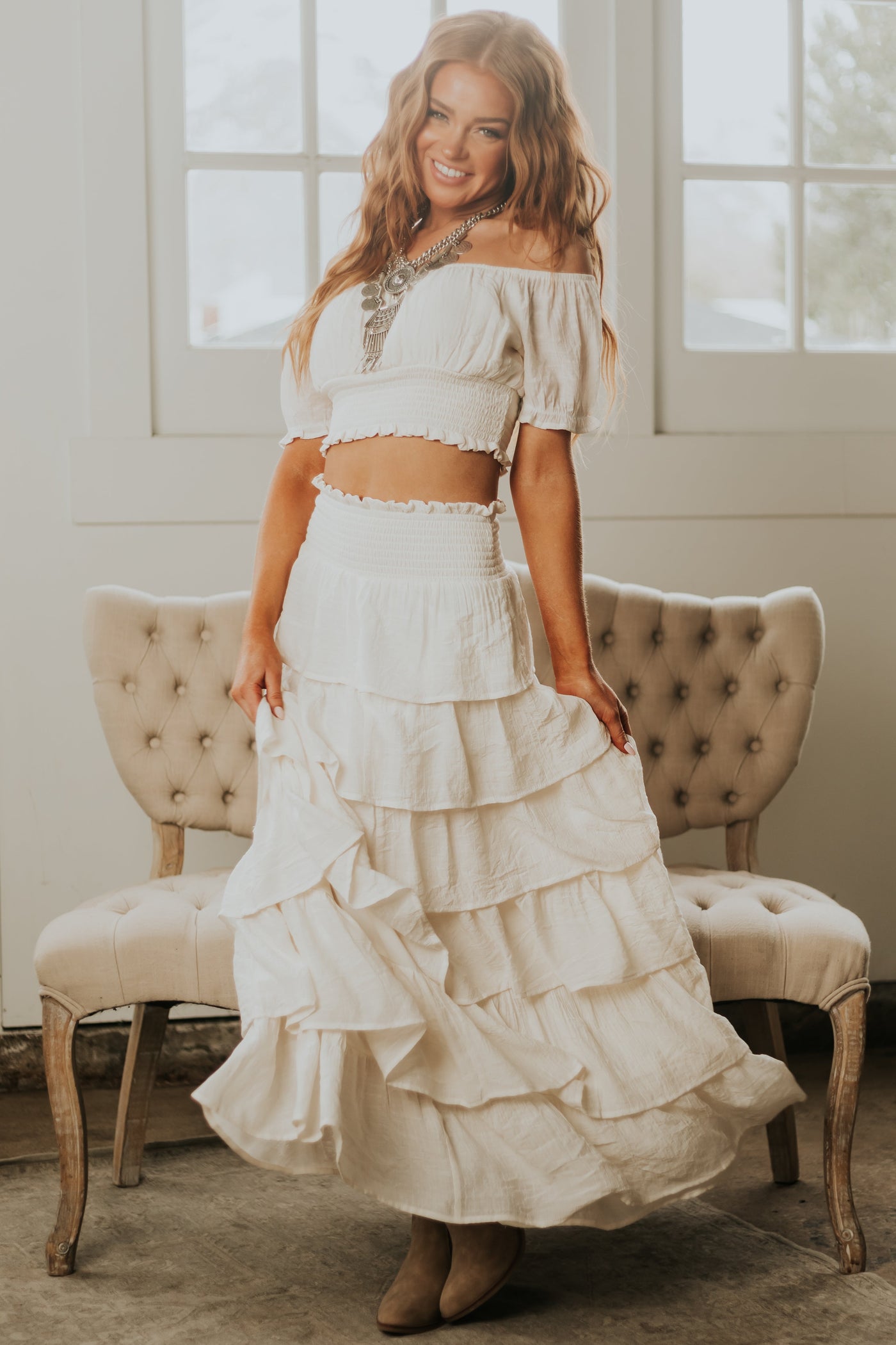 Cream Smocked Cropped Top and Ruffle Skirt Set