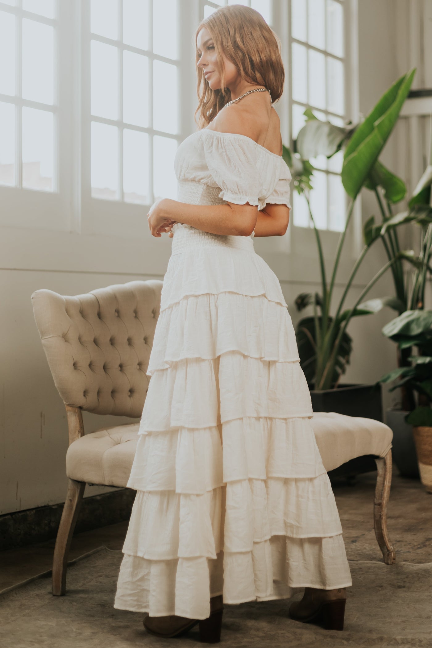 Cream Smocked Cropped Top and Ruffle Skirt Set