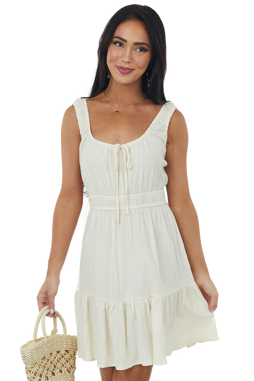 Cream Smocked Waist Textured Mini Tank Dress